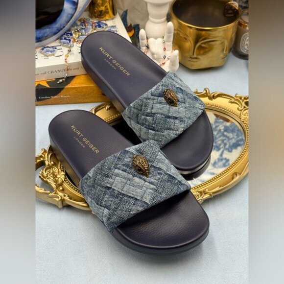 🆕 KURT GEIGER LONDON 🧿 NWOB Blue Denim Meena Eagle Slides, Sz EU 41 US10 - Picture 6 of 12